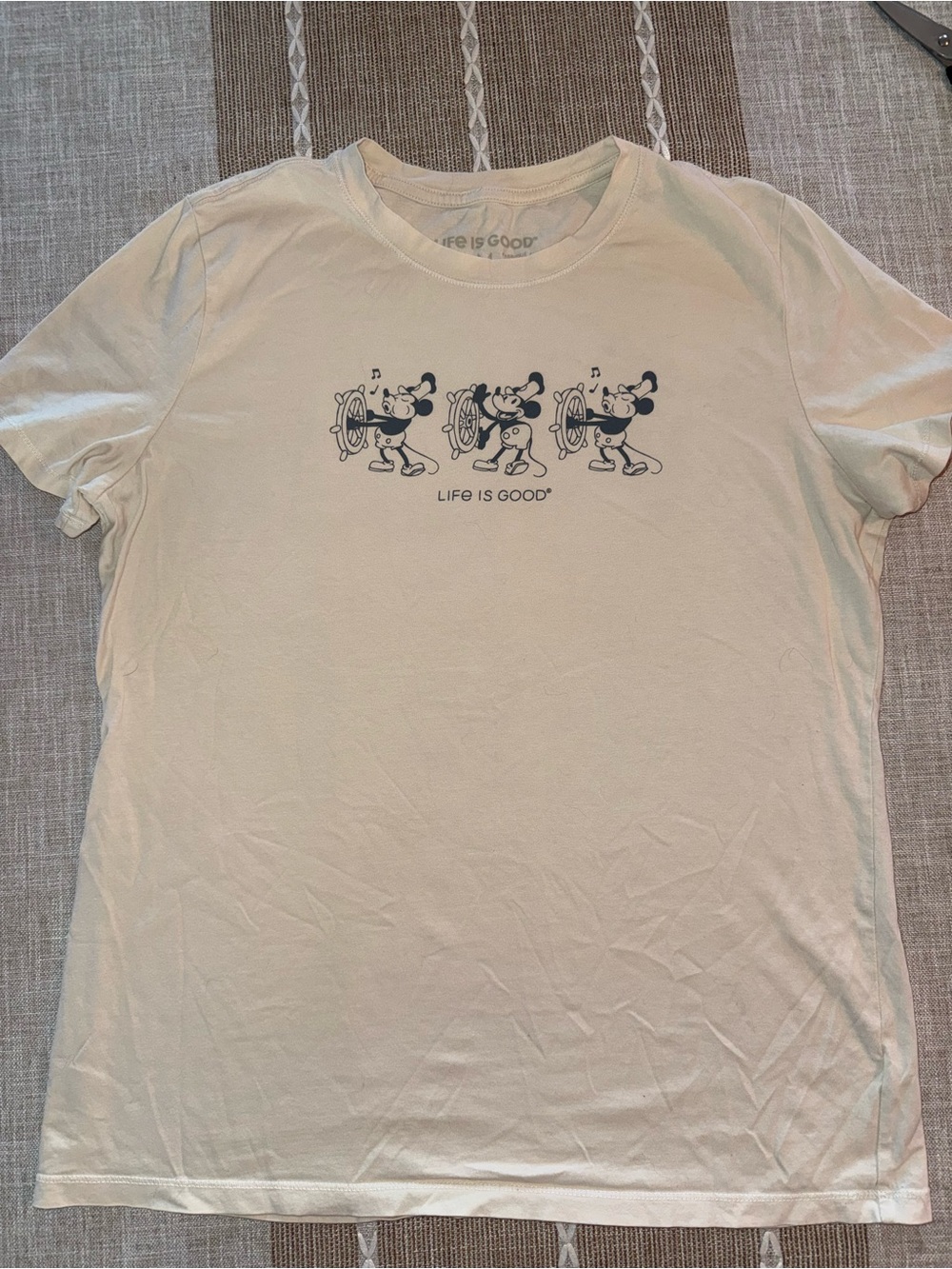 Life Is Good Cream Short Sleeve Tee with Navy Cartoon Ship Wheel Graphic